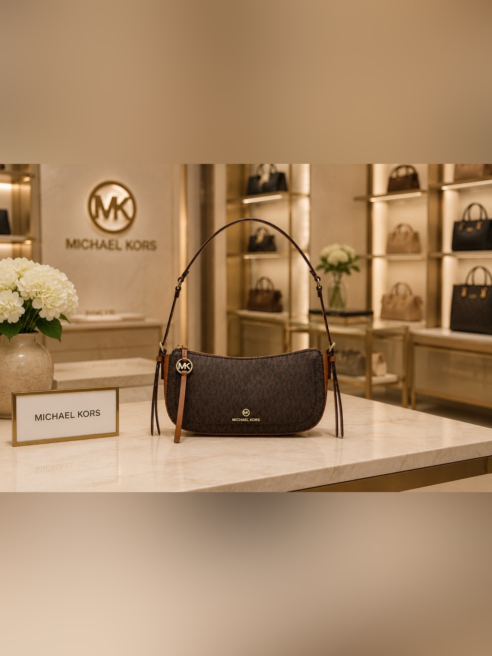 NWOT Michael Kors Brown MK Signature Shoulder Hobo with Tan Leather Trim